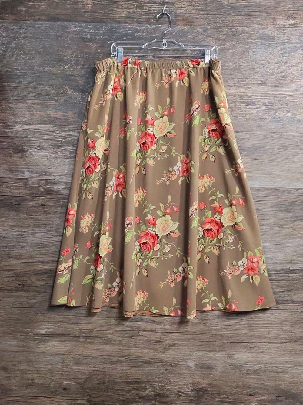 White Stag Taupe Maxi Skirt with Red and Green Floral Print